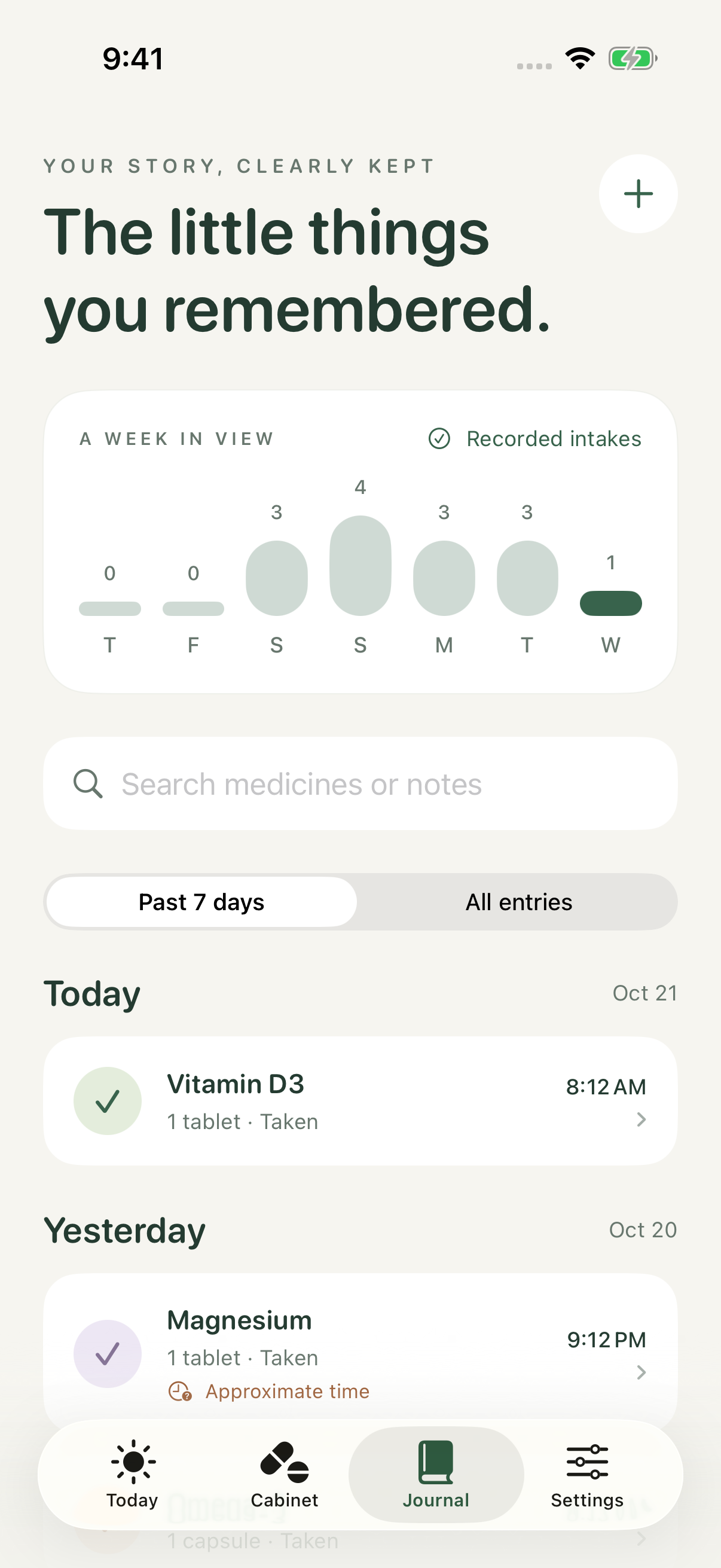 Intake journal showing sample dates, times and approximate entries